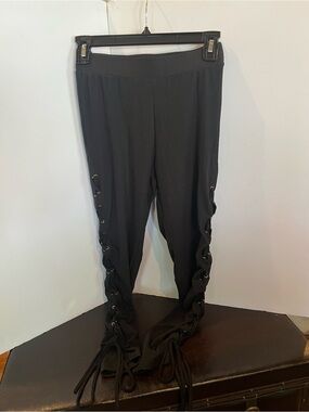 Black Lace-Up Leggings with Drawstring Detail - Women